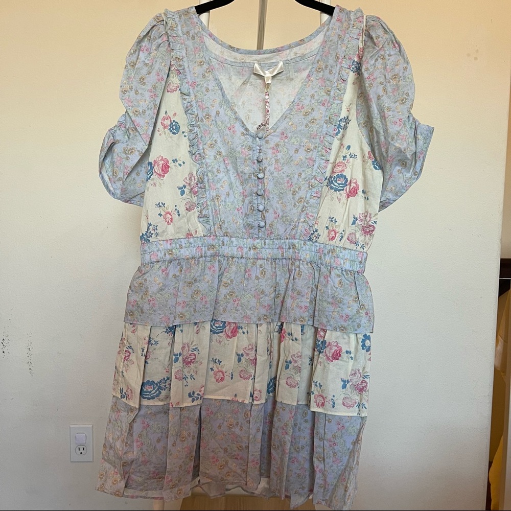 LoveShackFancy Pastel Floral Tiered Mini Dress in Light Blue and Cream - Picture 9 of 9
